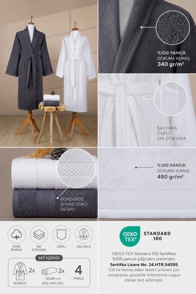 Ellaline 4 Piece Şalyaka Bathrobe Set 100% Certified Cotton, Towel Bathrobe Family Bathroom Set Anthracite White