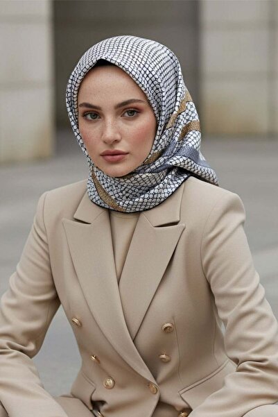 Vissona %100 Twill İpek Bantlı Monogram Desenli Gold - Gri Renkli 90x90 Eşarp...