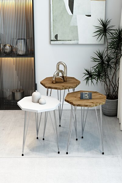 BARIN DESIGN 3'lü Sekizgen Zigon Sehpa Seti - Gümüş Metal Ayaklı, Modern & Şı...