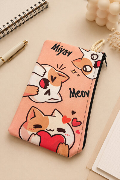 Anime Marketi Sweet Cats Meow Written School Pen Holder or Makeup Bag