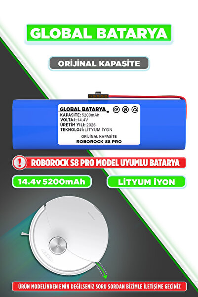 GLOBAL BATARYA Roborock S8 PRO Uyumlu Robot Süpürge Bataryası 14.4V 5200mAh P...