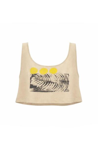MİİN BEJ YAPRAK BASKILI ASKILI CROP TOP