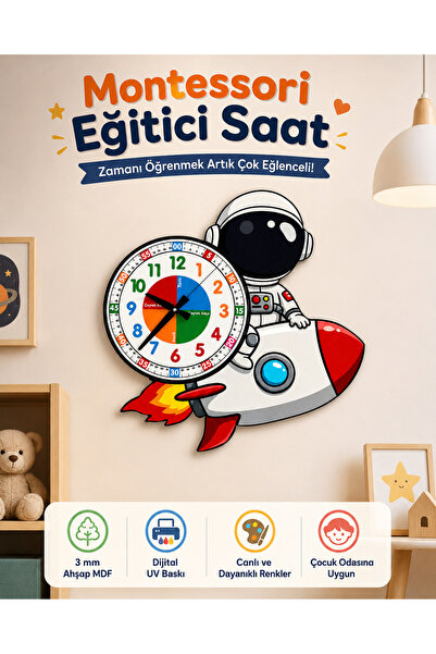 karbonsoft Sevimli Astronot Montessori Çocuk Odası Eğitici Ahşap Duvar Saati ...