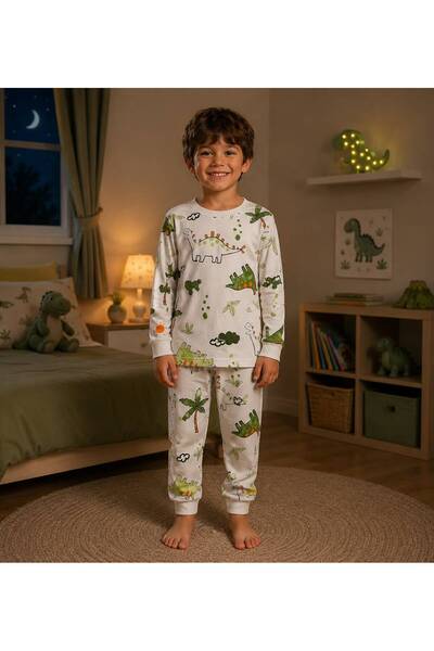 elmas kids Set de pijamale de iarnă cu mânecă lungă, 100% bumbac, alb, cu pal...
