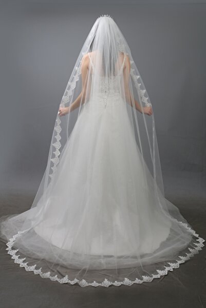 paris in paris Uzun Gelinlik Duvağı 220 Cm Fransız Dantelli Ipek Tül Nikah Ve Gelin Duvağı