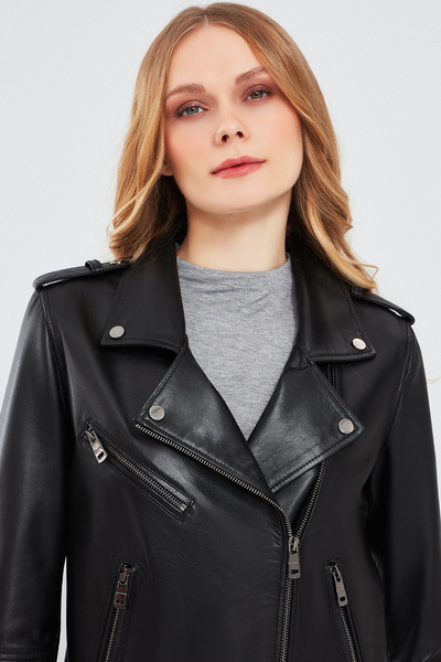 Derimod Egoist Women Black Biker Leather Jacket 19Wgm5794U4