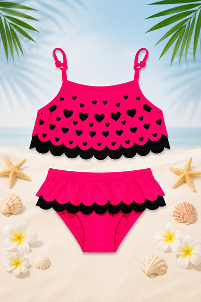 Beniizle Lazer Kesim Kalp Desenli Kız Çocuk Bikini Takımı