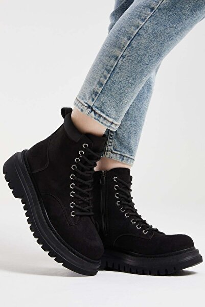 Hayati Arman Women's Zipper and Lace Detailed Thick Sole Boots Suede Black