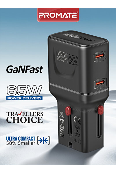 Promate TriPlug-65PD 65W GaNFast Travel Charger, Dual USB-C PD with PPS