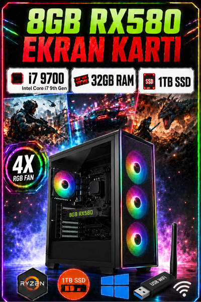 Dmc N295 (PUBG,GTA 5) I7 9700 32GB DDR4 RAM,1TB SSD,8GB RX580 Oyuncu Masaüstü...