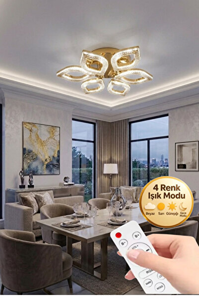 Lumia Lighting Yonca Model Gold Kumandalı 6"lı Ledli 3 Renk Modu Kristal Salo...