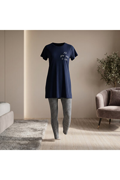 Lady Lingerie طقم بيجامة قطعتين | ليقنز مع تيشيرت طويل بفتحة جانبية | 93% قطن...