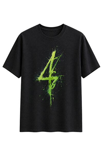 Unisex Neon Yeşil 4 Rakamı Baskılı Siyah Regular Tişört Oversize Street Style
