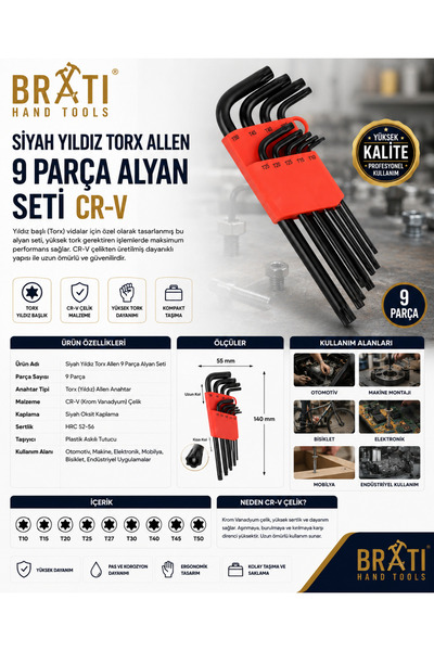 BRATİ HAND TOOLS طقم مفاتيح ألن توركس أسود 9 قطع CR-V