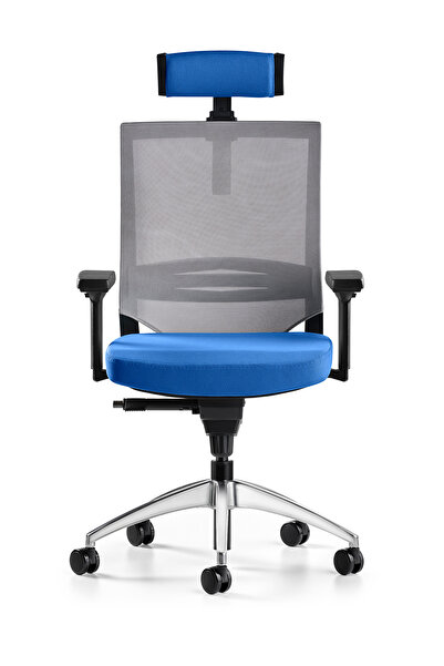 Bürotime Cozy Başlıklı Çalışma Koltuğu - 3D Kol - Alüminyum Ayak - Gri/Mavi