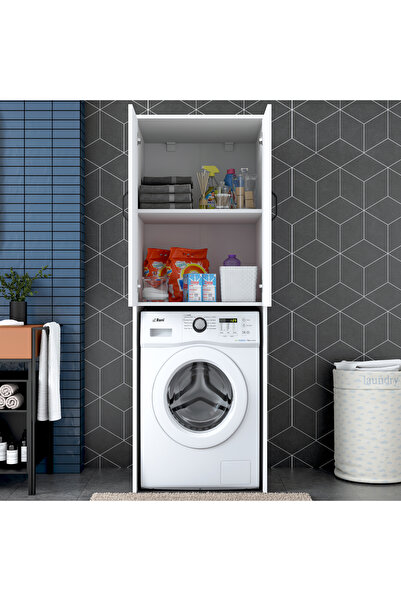 Rani Mobilya Rani KD119 Çamaşır Makinesi Dolabı 2 Kapaklı 2 Raflı Banyo Dolabı Beyaz