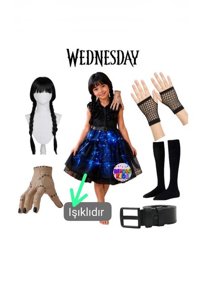 3b kids Σετ φωτιζόμενης στολής Wednesday, περούκα Wednesday, γάντια Wednesday...