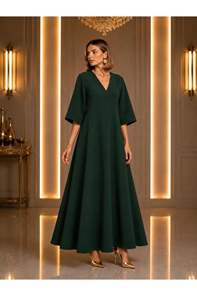 SERAVENZA COUTURE فستان ماكسي بوي فاكير أنيق من الكريب بياقة على شكل حرف V CO...
