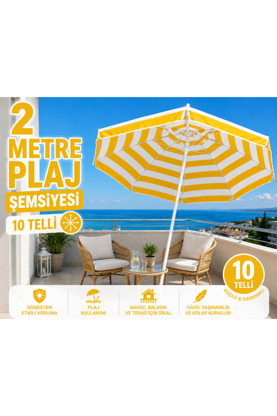 AYDINLAR STORE Sarı Beyaz Çizgili Plaj Şemsiyesi 180 cm | Balkon, Bahçe, Kamp...