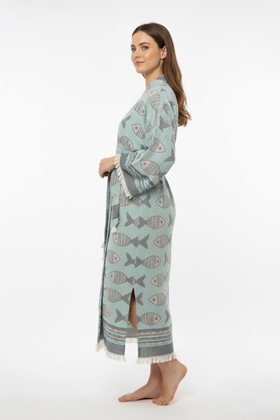 Three Roses Kimono Kaftan Fish Pattern 1 Piece Bohemian Bathrobe Unisex Jacquard 3 Layers Muslin Fabric