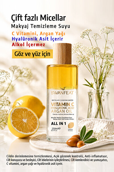 Micellar Makyaj Temizleme Suyu Çift Fazlı Argan Yağı, C Vitamini ve Hyaluronik Asit İçeren Alkolsüz 250ml