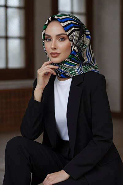 Vissona %100 Twill İpek Okyanus Dalgası Desenli Saks - Zümrüt Yeşili Renkli 9...