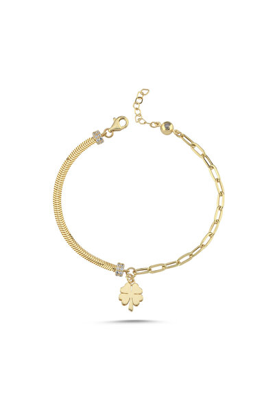 Sembol Gold Yonca Motifli Şans Altın Bileklik 17-20 cm