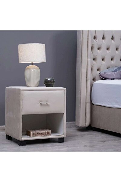 PAN HOME طاولة سرير إماراتية بدرج واحد - مخملية ~ بيج