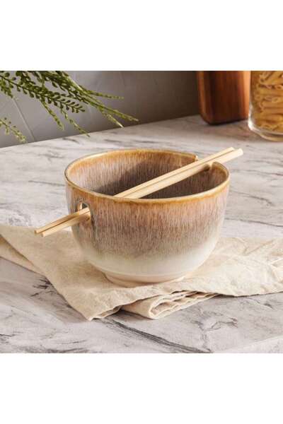 PAN HOME Alisa Stoneware Pasta Bowl With Chopsticks Dia15cm -brown