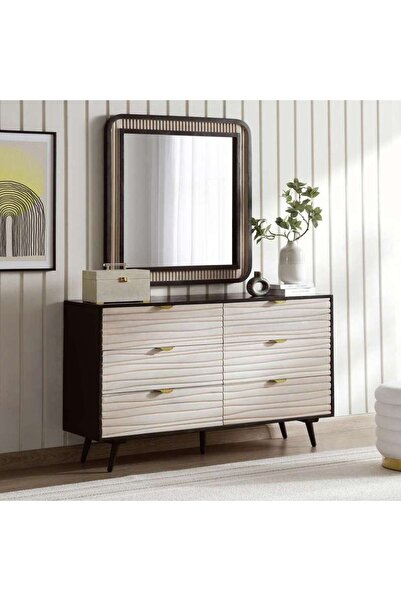 PAN HOME Bologna Dresser With 6 Drawer & Mirror Solid Wood - Natural & Black