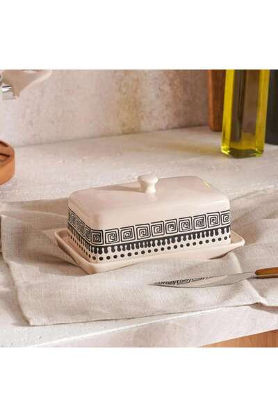 PAN HOME طبق زبدة إيليني العرقي 17.9×11.3×8.2 سم - أسود وبيج