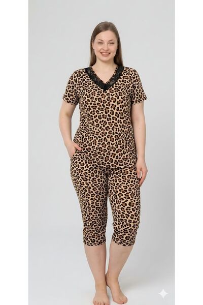 Ryam Mooda Women's Large Size100% Viscose Leopard Patterned Lace Detailed V-N...