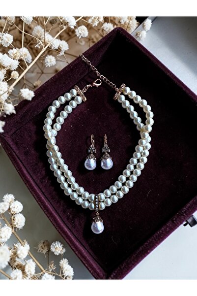 FAYRA ACCESSORIES Kristal Taşlı İnci Tasma Kolye ve İnci Küpe Seti