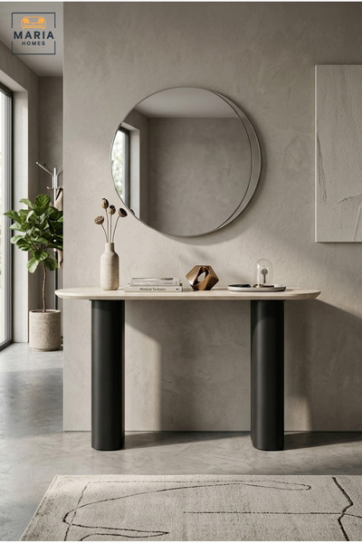MARIA HOMES طاولة كونسول عصرية بسطح رخامي بيج وأرجل سوداء - 140×40×80 سم