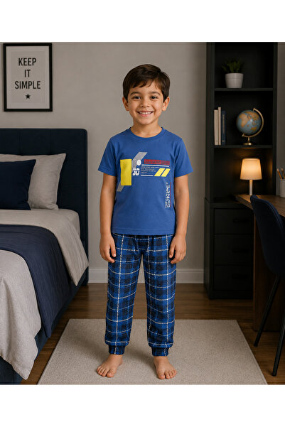 Fil Kids Ανδρική παιδική 100% βαμβακερή πυτζάμες με μοτίβο έξι καρό μπλε κοντ...