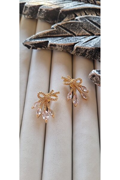YİĞİTKARANAKSESUAR Brass Zircon Stone Gold Bow Earrings