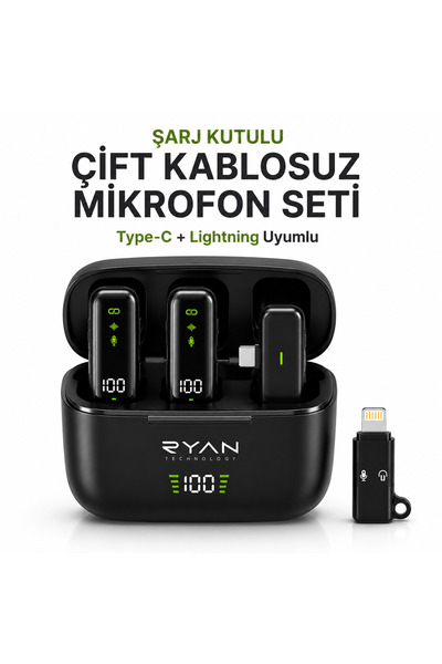 Ryan Kablosuz Yaka Mikrofonu 2'li Type-C ve Lightning Uyumlu Gürültü Azaltmalı