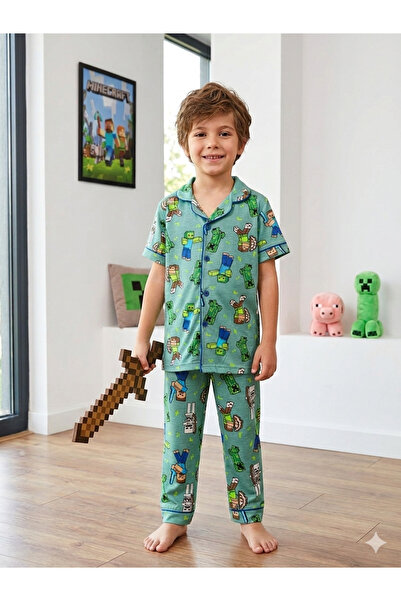 ARB Erkek Çocuk Karakter Baskılı Düğmeli Pijama Takımı