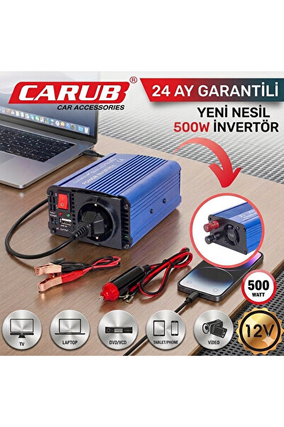Carub Oto İnvertör 12V'den 220V'a Dönüştürücü 500 Watt - Kamp ve Karavan Tipi...