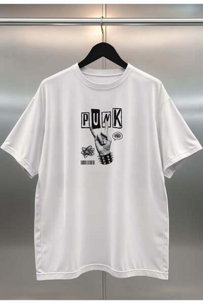 buzagi Punk Digital Print Oversize White Unisex T-Shirt