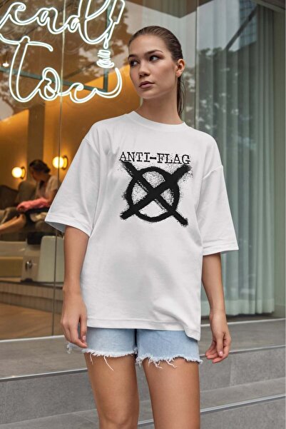buzagi tasarım ürünleri Anti Flag Oversize Unisex White T-Shirt