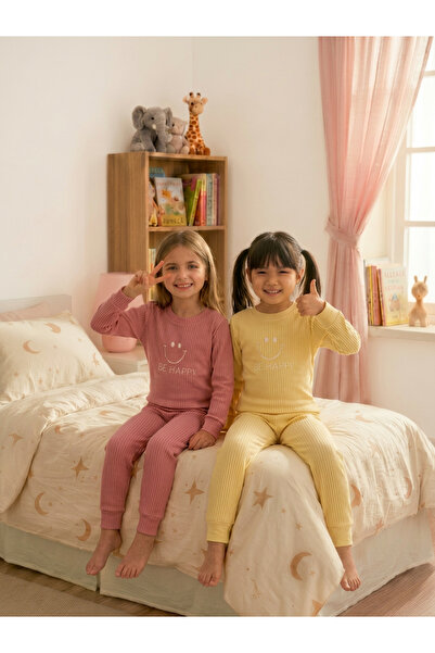 Minidamla Smiling Face Printed Pajama Set for 1-7 Years Old - Pink