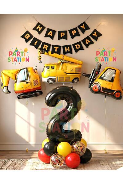 Parti Station İş Makinaları İnşaat Parti 2 Yaş Balon Set Kepçe Balon Vinç Bal...