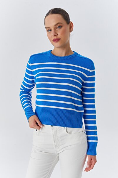 Mixray 6762 Pulover tricotat cu dungi, texturat, pentru femei, albastru