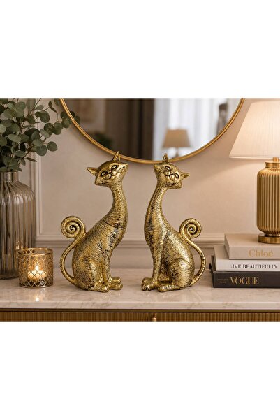 Doremcy 2’li Dekoratif Kedi Biblo Seti – Gold, Bronz, Gümüş, Krem RenkliPolye...