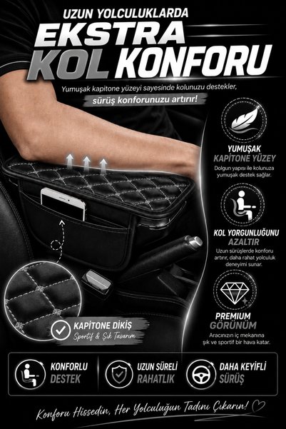ECARTEKS PREMİUM QUALİTY CAR ACCESSORİES Car Leather Gray Quilted Auto Armrest Cover, Armrest Cover, Organizer – Universal Armrest Protector