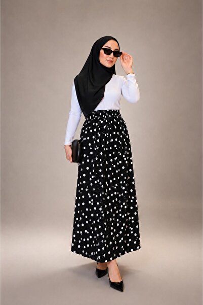 ELBİSHE Black Chiffon Skirt with Elastic Waist and Polka Dot Lining