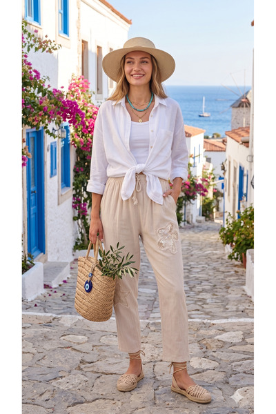 shE tekstil Lanene pantalone sa cvetnim šljokicama