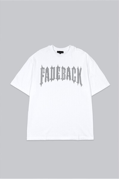 Fadeback Tricou bărbătesc alb oversize cu strasuri și pietre negre, stil tribal