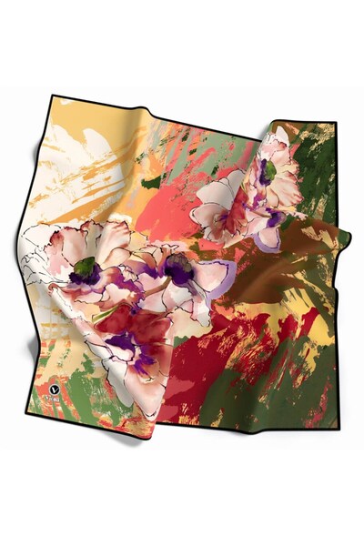 VİOLLA Twill Çiçek Desenli Nar Çiçeği Renkli 90x90 Eşarp (İpek İçermez) Dikim...